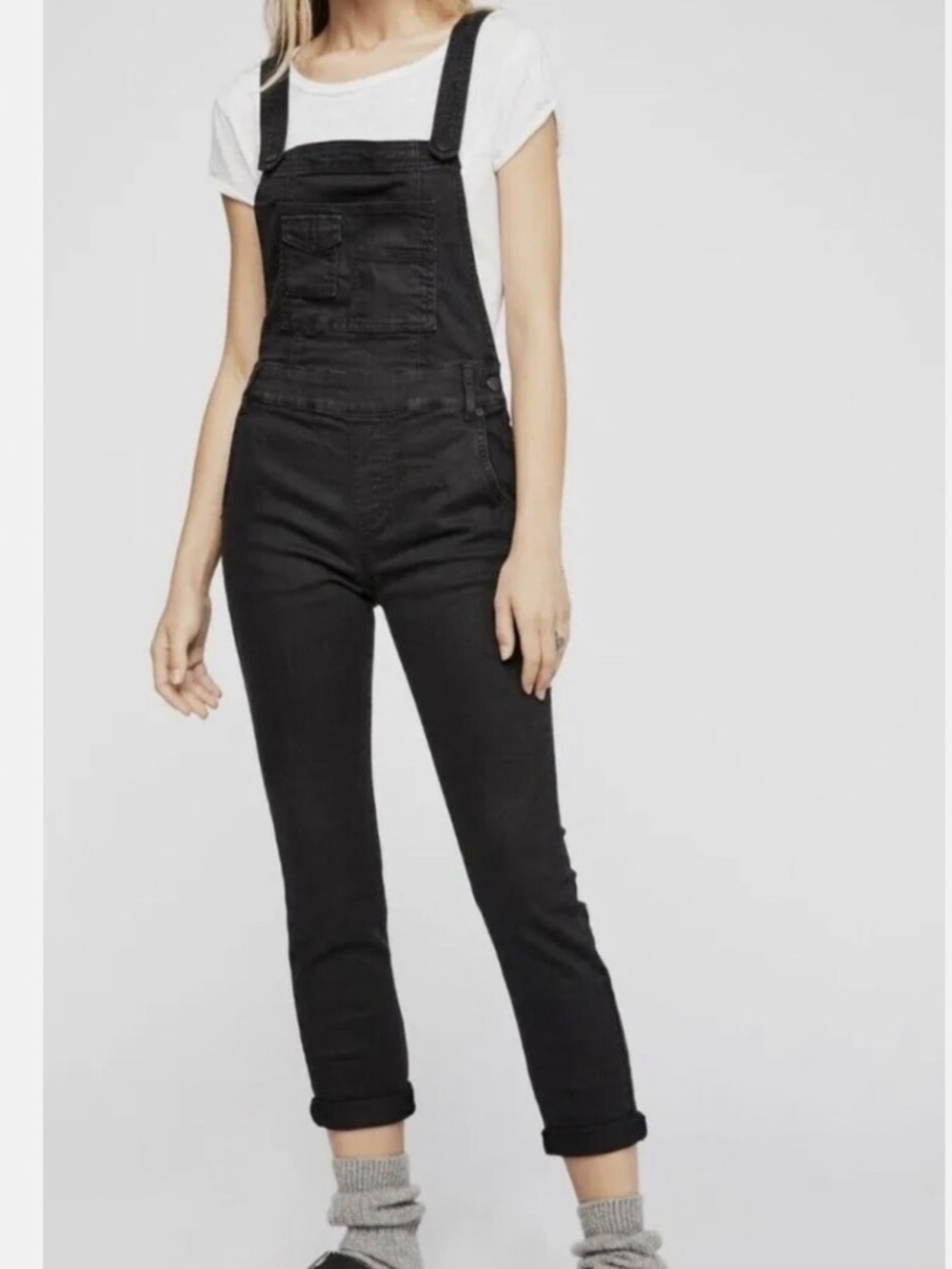 Free People Black Washed Denim Overalls.